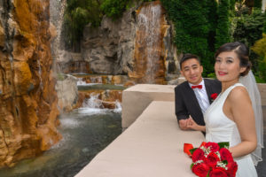 Photographers of Las Vegas - Wedding Photography - wedding bride and groom with waterfalls at Mandalay Bay