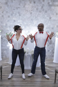 Photographers of Las Vegas - Wedding Photography- wedding bride and groom in suspenders and thick rimmed glasses