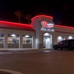 Photographers Of Las Vegas - Commercial Photography - Restaurant Rburgers red neon lights cars parking lot food